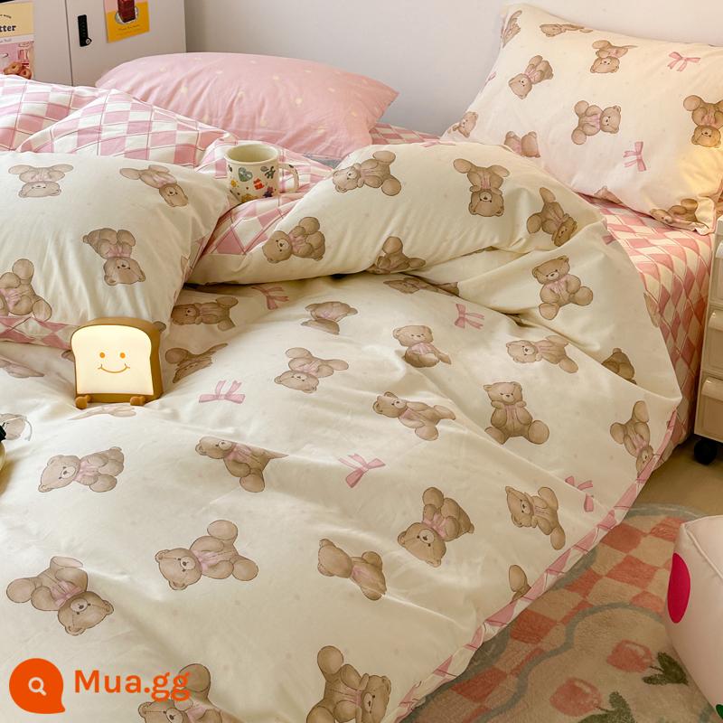 Giường cotton nguyên chất Bộ 4 món 100 cotton ký túc xá Bộ giường 3 mảnh ga trải giường mục vụ hoa vỏ chăn 4 bộ đồ giường phong cách công chúa - XK gấu dễ thương dễ thương