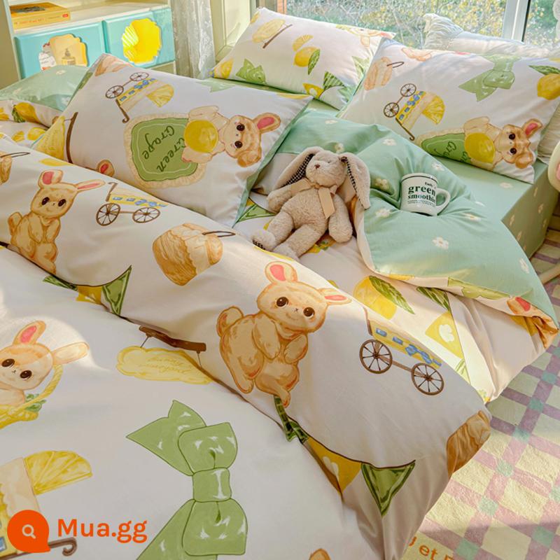 Bộ 4 món giường cotton nguyên chất theo phong cách Ins 100 cotton chăn ga gối trẻ em hoạt hình ký túc xá bộ 3 món chăn ga gối trang bị ga - MX chanh thỏ