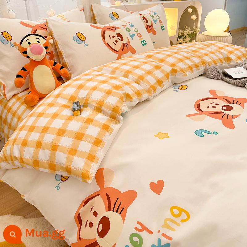 Công Chúa Disney Giường Cotton Nguyên Chất Bộ 4 Bộ 100 Cotton Chăn Ga Gối Trẻ Em Ký Túc Xá 3 Mảnh Ga Giường Nữ Vỏ Chăn 4 - J nhảy con hổ dễ thương