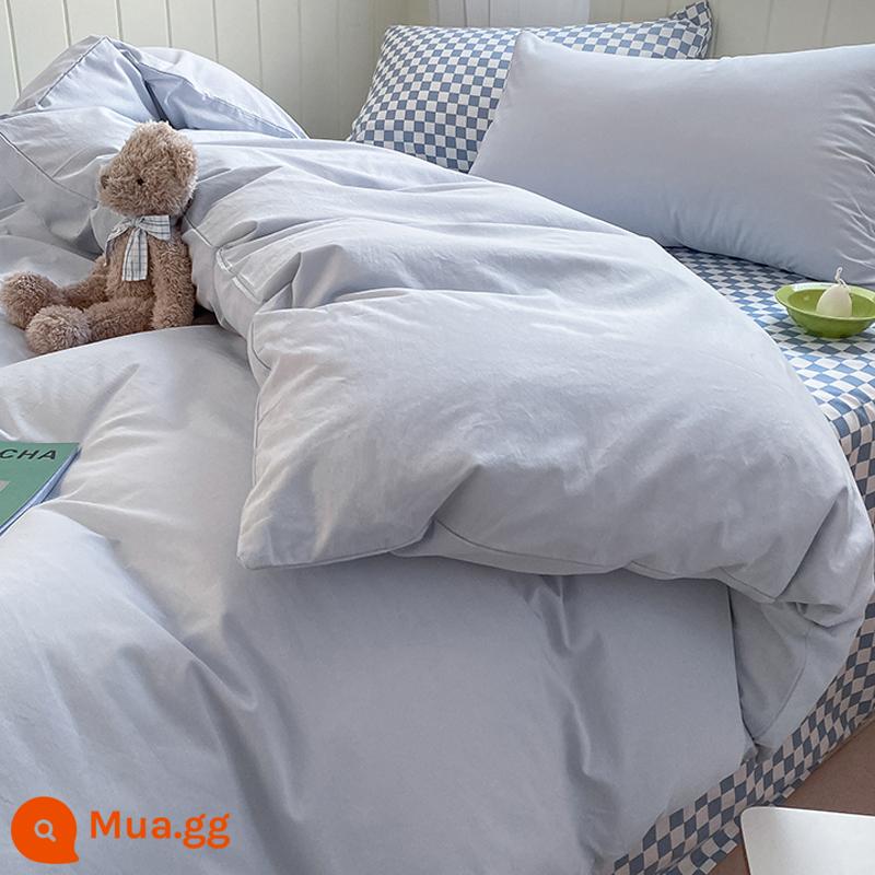 Giường cotton nguyên chất Bộ 4 món 100 cotton đã giặt sạch Bộ chăn ga gối trẻ em màu trắng Lưới đỏ Vỏ chăn 3 món Bộ giường 3 món được trang bị tấm 4 - SD xanh nhạt + Lange