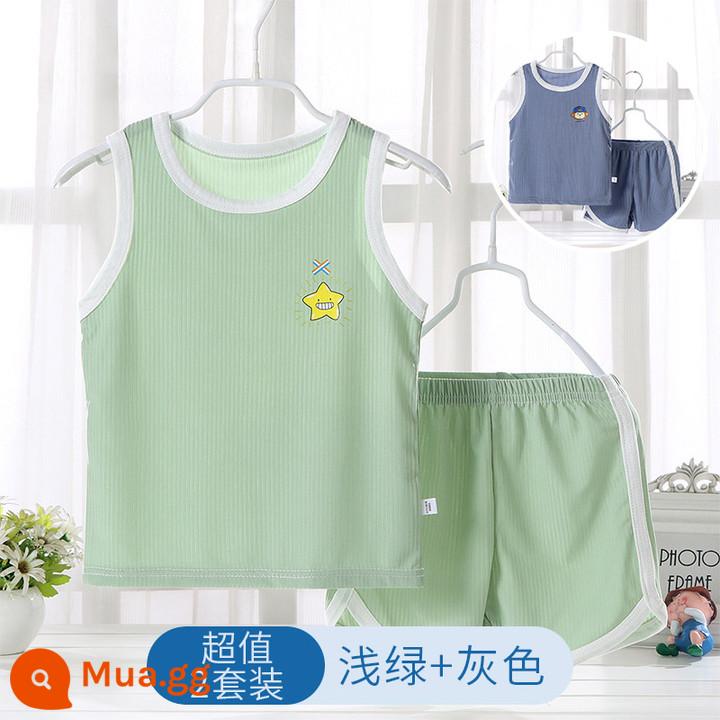 Áo vest trẻ em phù hợp với phần mỏng phương thức nhà bé trai và bé gái không tay điều hòa không khí quần áo bé băng lụa đồ ngủ mùa hè - xanh nhạt + xám