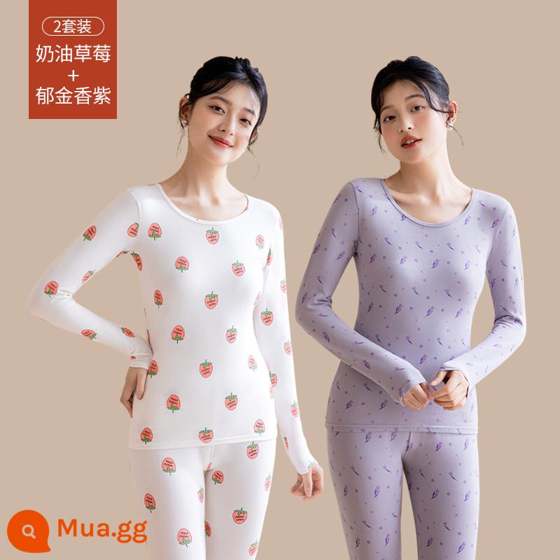 Quần áo sưởi ấm cho nữ, quần áo mùa thu, bộ quần vệ sinh, cotton nguyên chất, kiểu dáng mới, nhung, áo lót dày, áo len cotton, mùa thu đông - [Bộ 2 kiểu in] Kem Dâu + Tím Tulip (Bông nguyên chất hữu cơ ấm hơn)