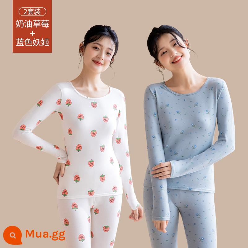 Quần áo sưởi ấm cho nữ, quần áo mùa thu, bộ quần vệ sinh, cotton nguyên chất, kiểu dáng mới, nhung, áo lót dày, áo len cotton, mùa thu đông - [Bộ 2 kiểu in] Kem Dâu + Xanh Enchantress (Bông nguyên chất hữu cơ ấm hơn)