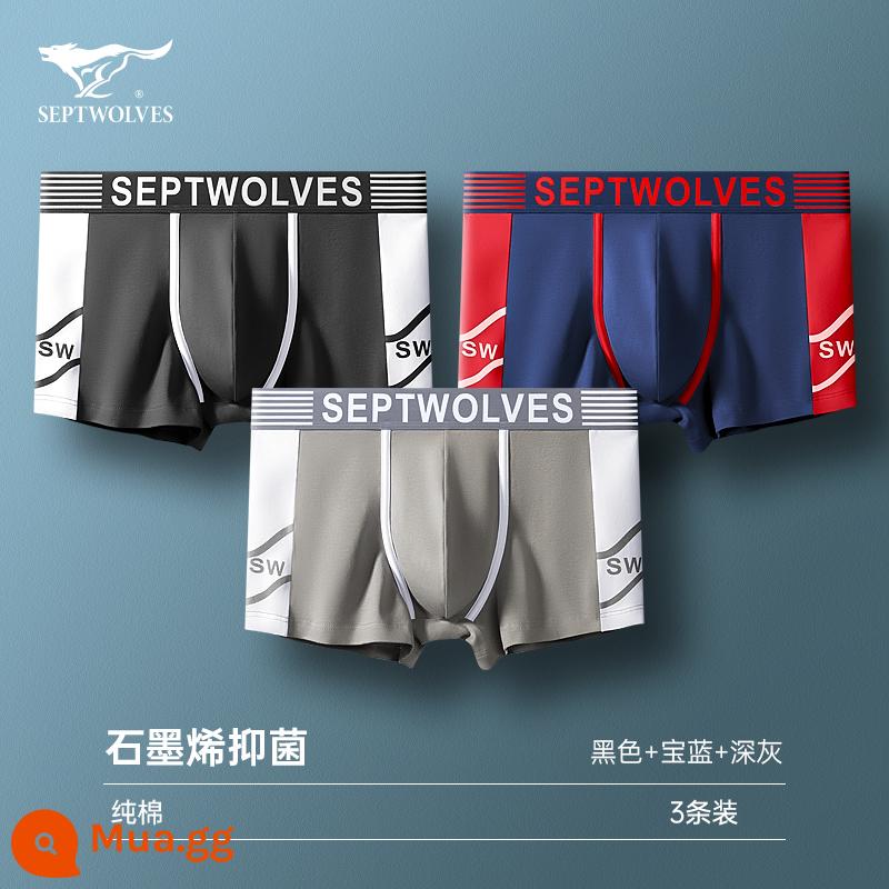 Septwolves Quần Lót Nam Bé Trai Cotton Kháng Khuẩn Boxer Nam Đầu Boxer Nam Cotton Rời Quần Short - [Cotton nguyên chất·Graphene kháng khuẩn] Đen + xanh hoàng gia + xám đen