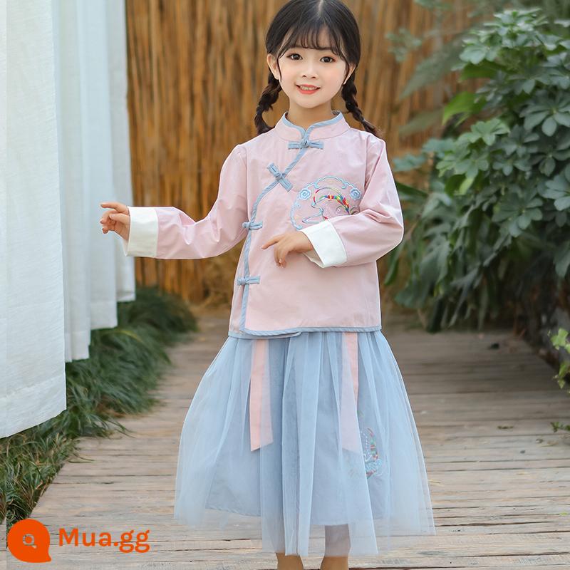 Trang phục biểu diễn của trẻ em rồng và phượng Trung Quốc Hanfu bé trai và bé gái mùa xuân và mùa thu Tang phù hợp với trang phục anh chị em Bộ đồ biểu diễn phong cách Trung Quốc - Cô gái màu hoa sen