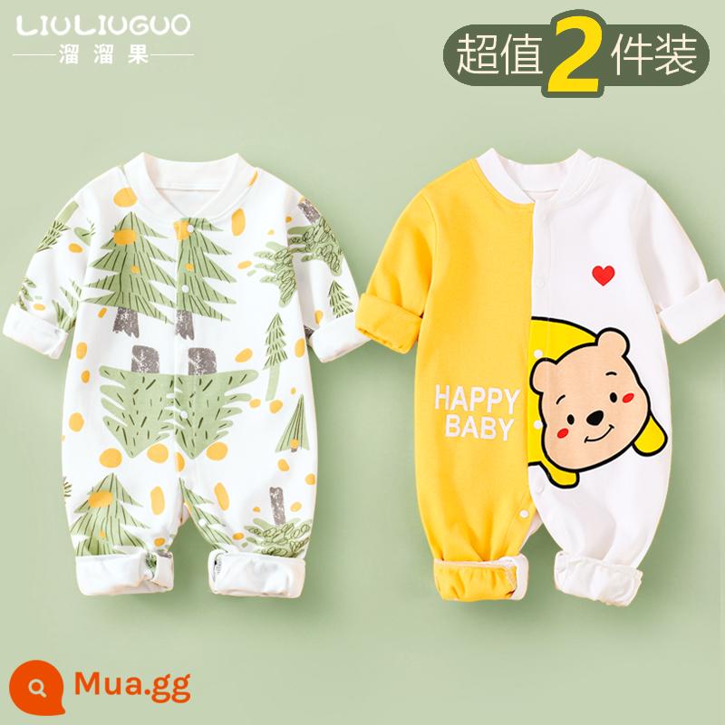 2 bộ quần áo sơ sinh cho bé 0-18 tháng, áo liền quần cotton nguyên chất mùa thu đông, quần áo hậu cung dài tay mùa xuân thu, quần áo mùa thu - Tay áo dài (rừng nhỏ + gấu vui) phong cách bốn mùa