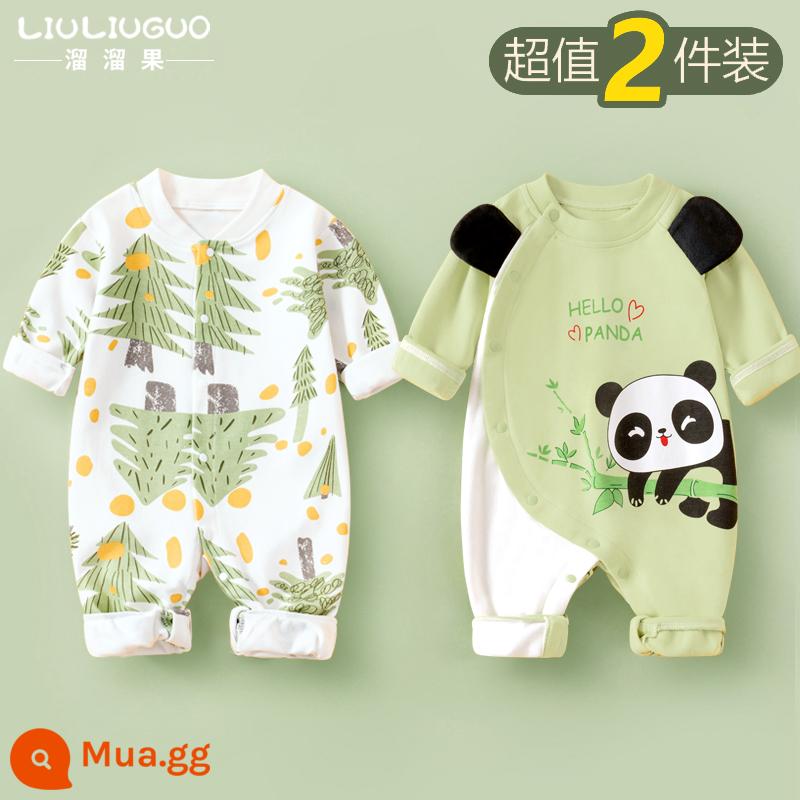 2 bộ quần áo sơ sinh cho bé 0-18 tháng, áo liền quần cotton nguyên chất mùa thu đông, quần áo hậu cung dài tay mùa xuân thu, quần áo mùa thu - Tay áo dài (rừng nhỏ + gấu trúc đỏ) phong cách bốn mùa