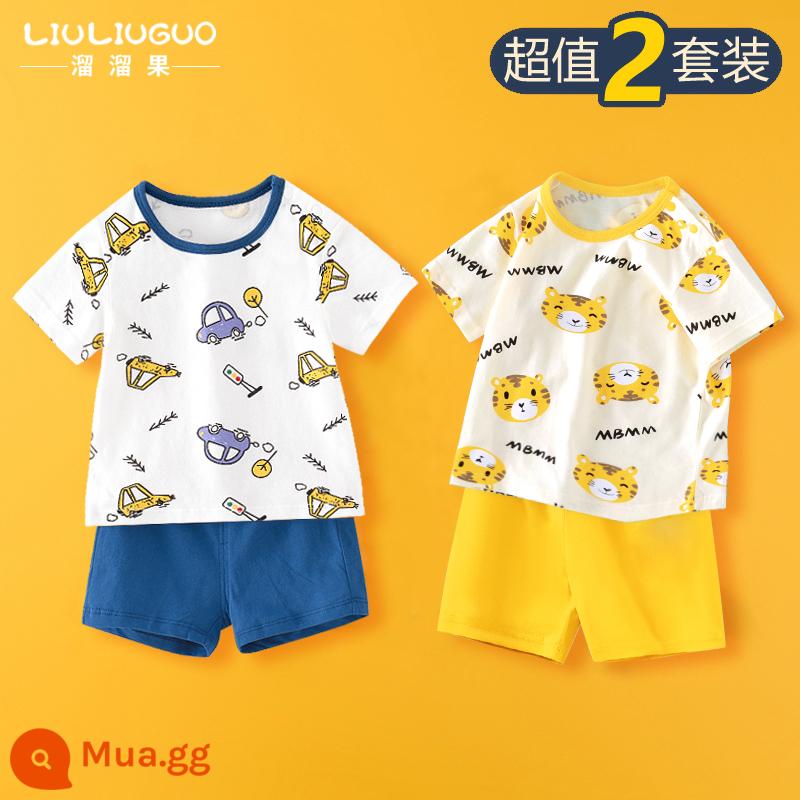 Bộ quần áo ngắn tay 2 món trẻ em cotton bé trai mùa hè quần short mùa hè bé gái Bộ đồ ngủ mùa hè cho bé quần áo mặc ở nhà cho bé - Bộ đồ ngắn tay (ô tô + hổ con)