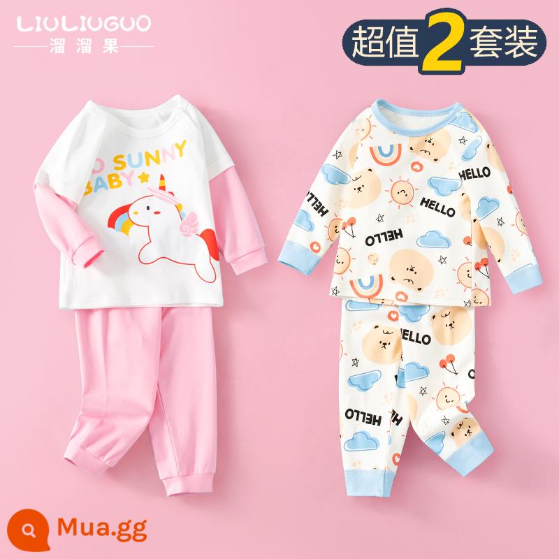 Bộ 2 bộ đồ lót trẻ em cotton nguyên chất đáy mùa xuân và mùa thu cho nam và nữ quần áo ở nhà cho bé quần áo mùa thu quần vệ sinh quần ngủ mỏng bộ đồ ngủ cho bé - Bộ đồ dài tay (kỳ lân + gấu cầu vồng)