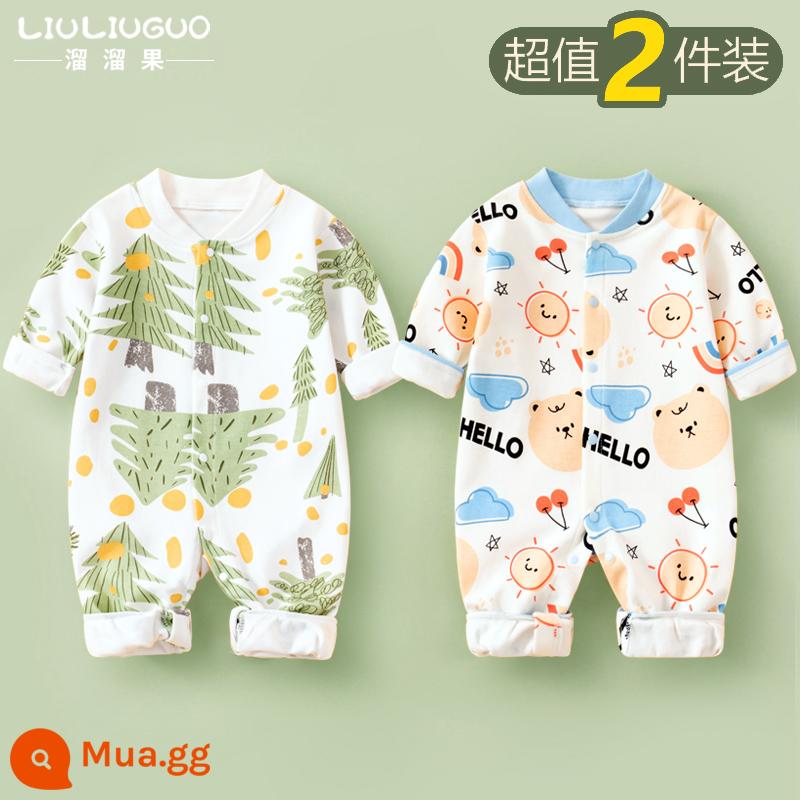 2 bộ quần áo sơ sinh cho bé 0-18 tháng, áo liền quần cotton nguyên chất mùa thu đông, quần áo hậu cung dài tay mùa xuân thu, quần áo mùa thu - Tay áo dài (rừng nhỏ + gấu cầu vồng) phong cách bốn mùa