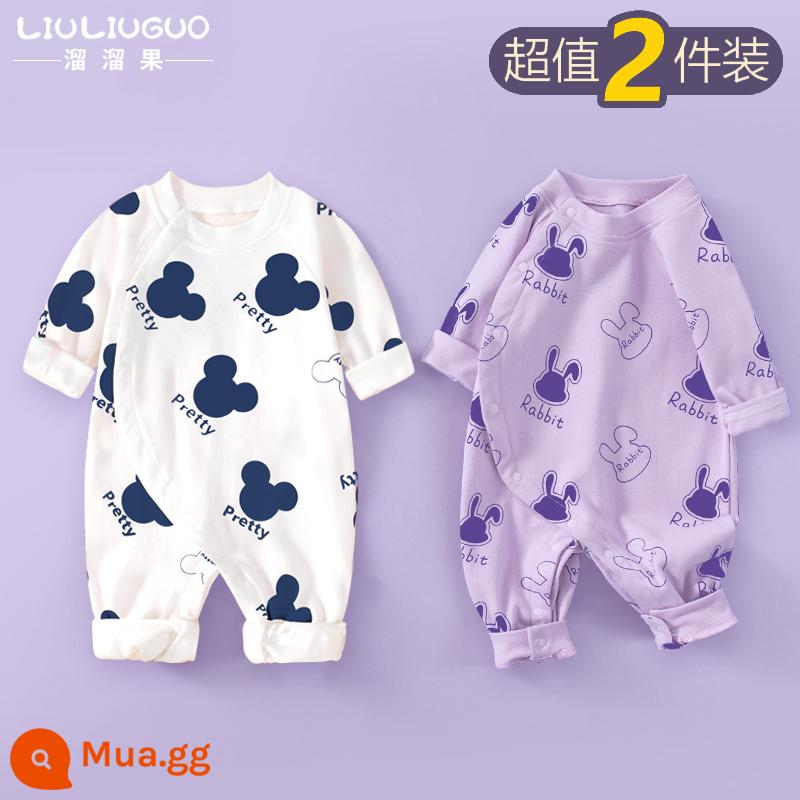 2 bộ quần áo sơ sinh cho bé 0-18 tháng, áo liền quần cotton nguyên chất mùa thu đông, quần áo hậu cung dài tay mùa xuân thu, quần áo mùa thu - Tay áo dài (chuột hoạt hình + đầu thỏ tím khoai môn) phong cách bốn mùa