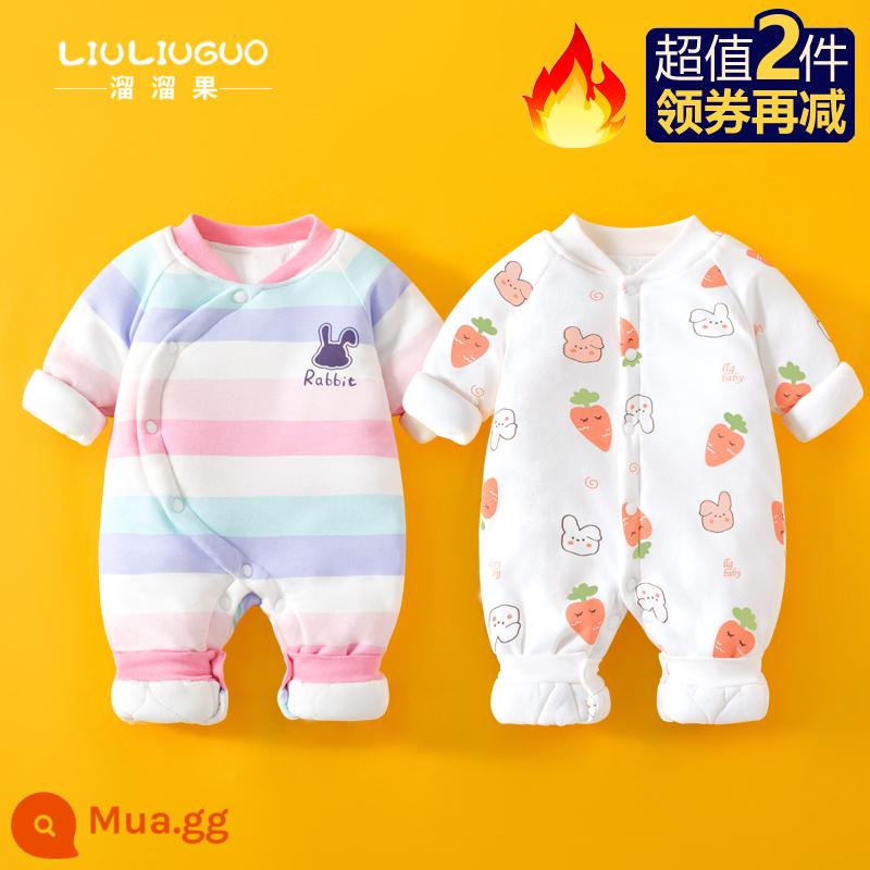 2 món đồ sơ sinh quần áo thu đông jumpsuit bé sơ sinh bộ đồ lót bông cho bé đi chơi từ tháng 3 đến tháng 3 - Bông mỏng (thỏ sọc hồng + cà rốt thỏ)