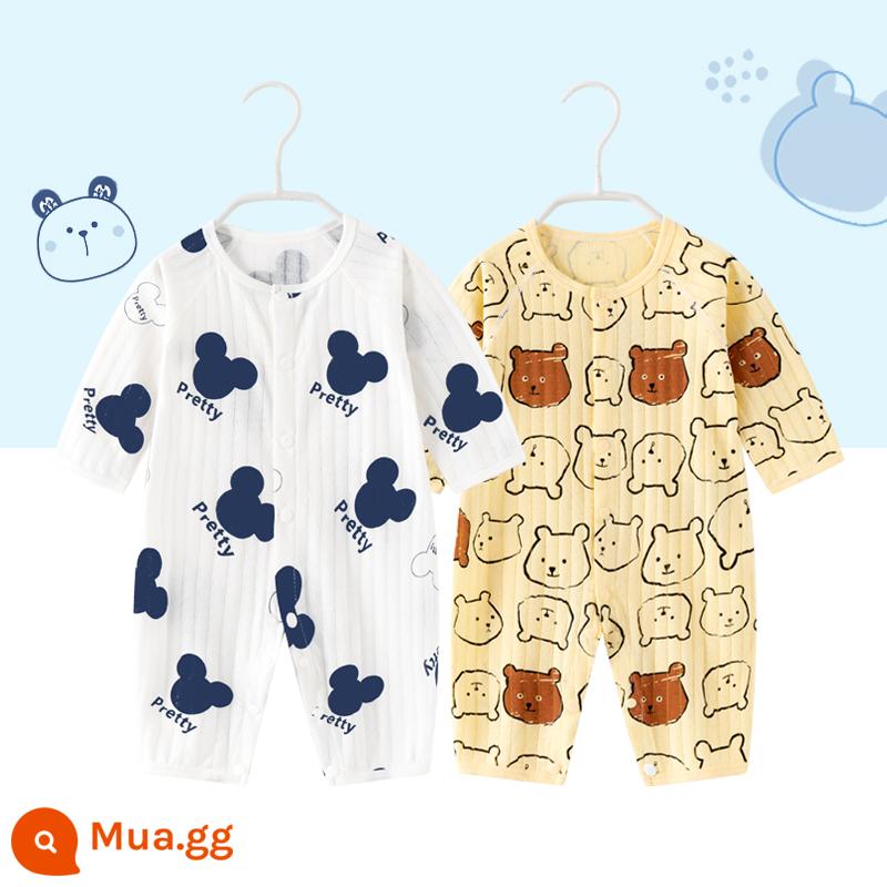 2 miếng thỏ sơ sinh quần áo trẻ em nam và nữ áo liền quần mùa xuân và mùa thu trẻ sơ sinh cotton nguyên chất dài tay quần áo mùa xuân - Tay áo mỏng dài (chuột hoạt hình + gấu vàng)