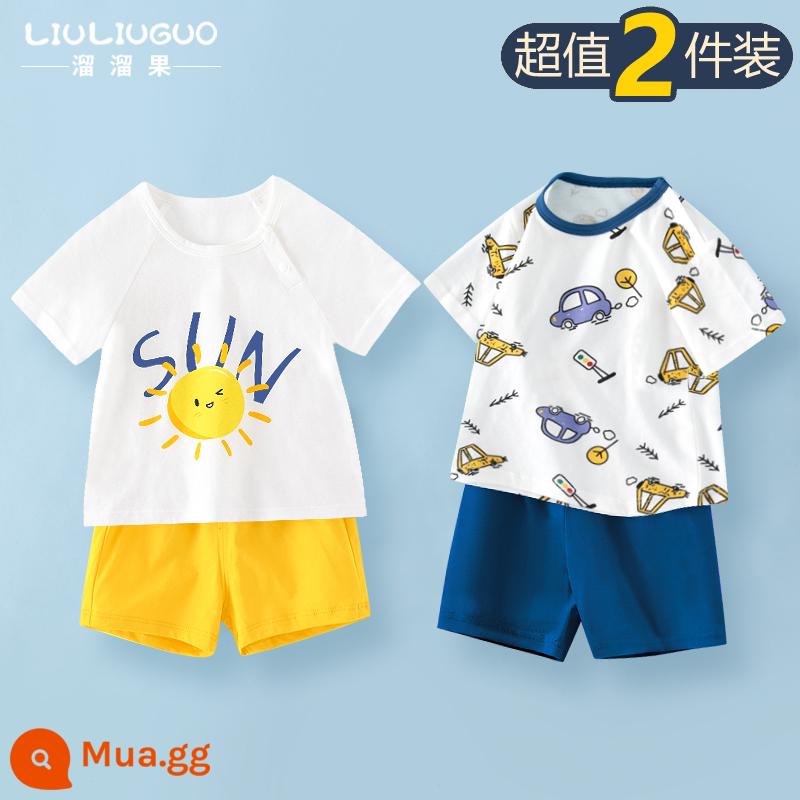 Bộ quần áo ngắn tay 2 món trẻ em cotton bé trai mùa hè quần short mùa hè bé gái Bộ đồ ngủ mùa hè cho bé quần áo mặc ở nhà cho bé - Bộ đồ ngắn tay (mặt trời + ô tô)