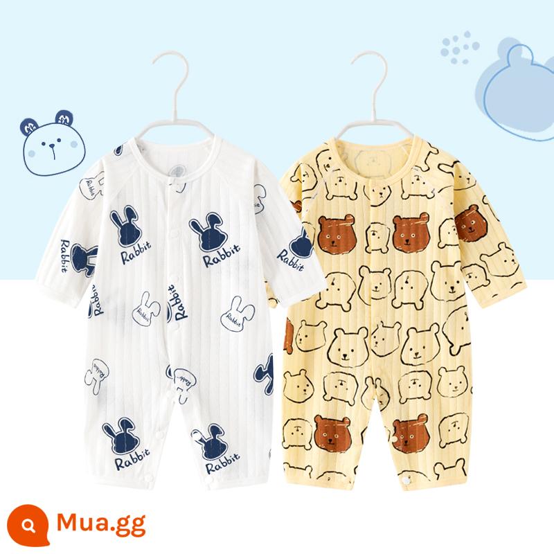 2 miếng thỏ sơ sinh quần áo trẻ em nam và nữ áo liền quần mùa xuân và mùa thu trẻ sơ sinh cotton nguyên chất dài tay quần áo mùa xuân - Tay áo dài mỏng (đầu thỏ trắng + gấu vàng)