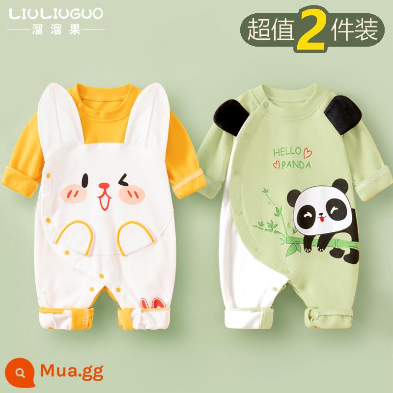 2 bộ quần áo sơ sinh cho bé 0-18 tháng, áo liền quần cotton nguyên chất mùa thu đông, quần áo hậu cung dài tay mùa xuân thu, quần áo mùa thu - Tay áo dài (thỏ nhỏ dễ thương + gấu trúc đỏ) phong cách bốn mùa