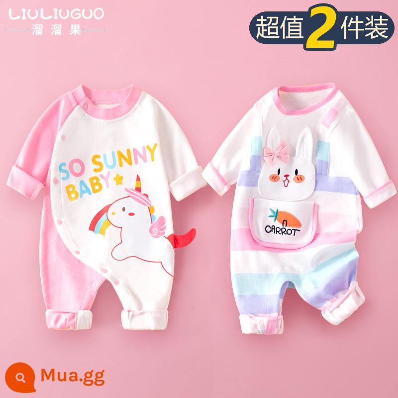 2 bộ quần áo sơ sinh cho bé 0-18 tháng, áo liền quần cotton nguyên chất mùa thu đông, quần áo hậu cung dài tay mùa xuân thu, quần áo mùa thu - Tay áo dài (kỳ lân + thỏ sọc hồng) bốn mùa