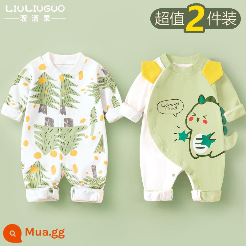 2 bộ quần áo sơ sinh cho bé 0-18 tháng, áo liền quần cotton nguyên chất mùa thu đông, quần áo hậu cung dài tay mùa xuân thu, quần áo mùa thu - Tay áo dài (rừng nhỏ + khủng long xanh) phong cách bốn mùa