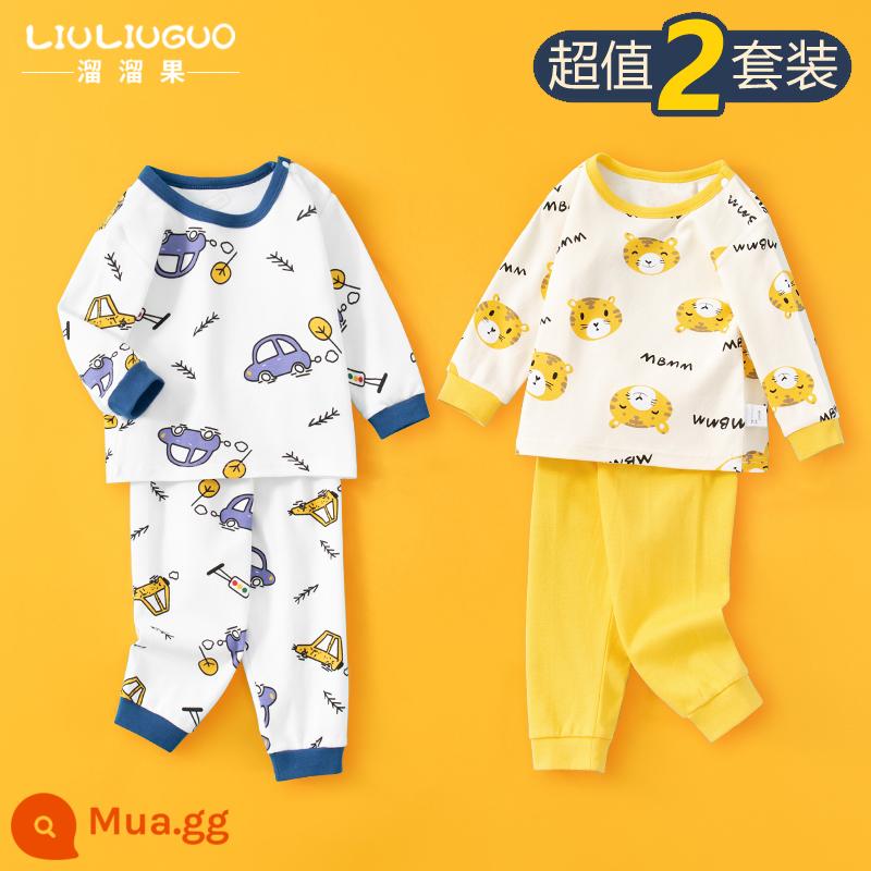 Bộ 2 món đồ lót trẻ em cotton, quần áo mùa thu bé trai, quần áo mùa thu, đồ ngủ bé gái mùa xuân thu, đồ mặc nhà, đồ sơ sinh - Bộ đồ dài tay (ô tô + hổ con)