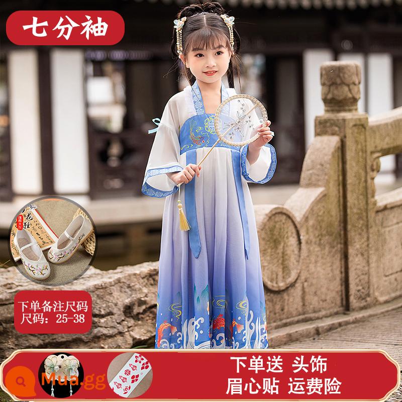 Hanfu Bé Trai Phong Cách Mùa Xuân 2023 New Girls Super Fairy Tang Suit Bé Trai Trẻ Em Học Sinh Trung Quốc Cổ Đại Quần Áo Trang Phục Xuân Thu - Mẫu nữ Lingyun - tay ba/giày thêu (vui lòng ghi chú kích thước khi đặt hàng)