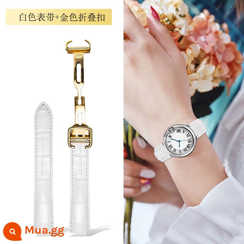 Dây đeo Langdong phù hợp với Cartier Dây đeo bóng màu xanh da bò Cartier Dây đeo màu hồng da bò thật - Dây đeo màu trắng + khóa gấp vàng