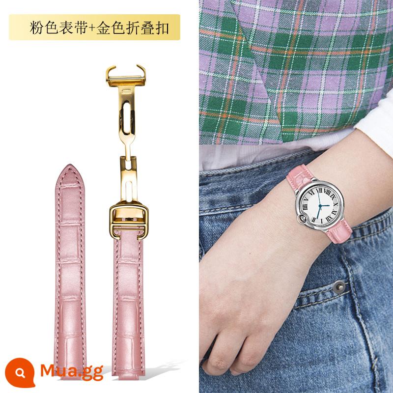 Dây đeo Langdong phù hợp với Cartier Dây đeo bóng màu xanh da bò Cartier Dây đeo màu hồng da bò thật - Dây đeo màu hồng + khóa gấp vàng