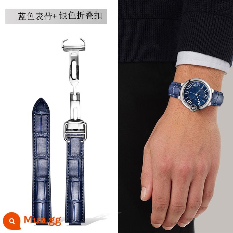 Dây đeo Langdong phù hợp với Cartier Dây đeo bóng màu xanh da bò Cartier Dây đeo màu hồng da bò thật - Dây đeo màu xanh + khóa gấp màu bạc