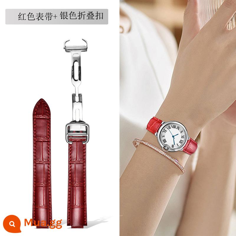 Dây đeo Langdong phù hợp với Cartier Dây đeo bóng màu xanh da bò Cartier Dây đeo màu hồng da bò thật - Dây đeo màu đỏ + khóa gấp màu bạc