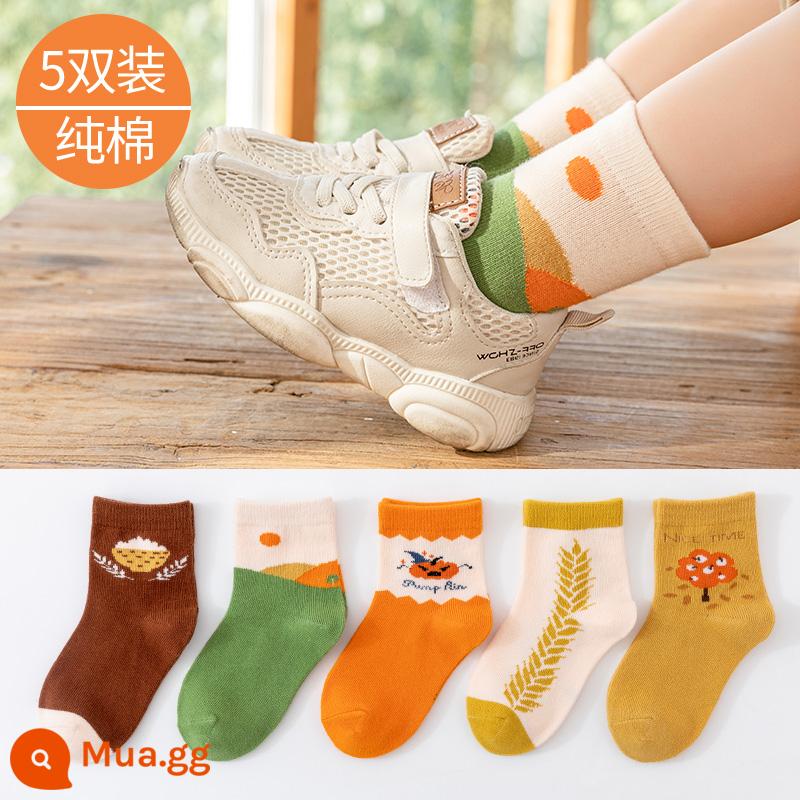 Vớ trẻ em cotton nguyên chất mùa xuân và mùa thu bé trai và bé gái trung và lớn bé trai mùa thu và mùa đông tất ống giữa bé vớ cotton em bé - L8103-Lúa mì mùa thu vàng-5 cặp