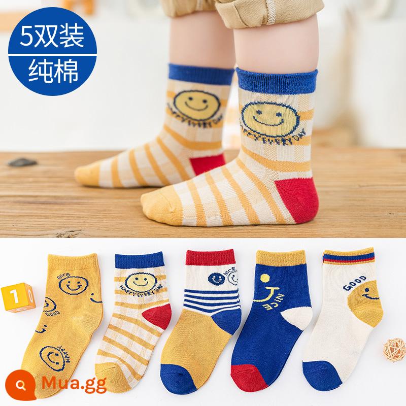 Vớ trẻ em cotton nguyên chất mùa xuân và mùa thu bé trai và bé gái trung và lớn bé trai mùa thu và mùa đông tất ống giữa bé vớ cotton em bé - L8121Tất cotton dài đến bắp chân hình nụ cười đẹp-5 đôi