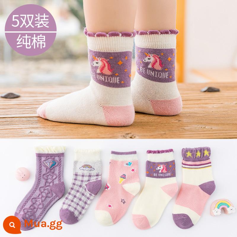 Vớ trẻ em cotton nguyên chất mùa xuân và mùa thu bé trai và bé gái trung và lớn bé trai mùa thu và mùa đông tất ống giữa bé vớ cotton em bé - LW8123-Diamond Unicorn dài đến bắp chân cotton-5 đôi