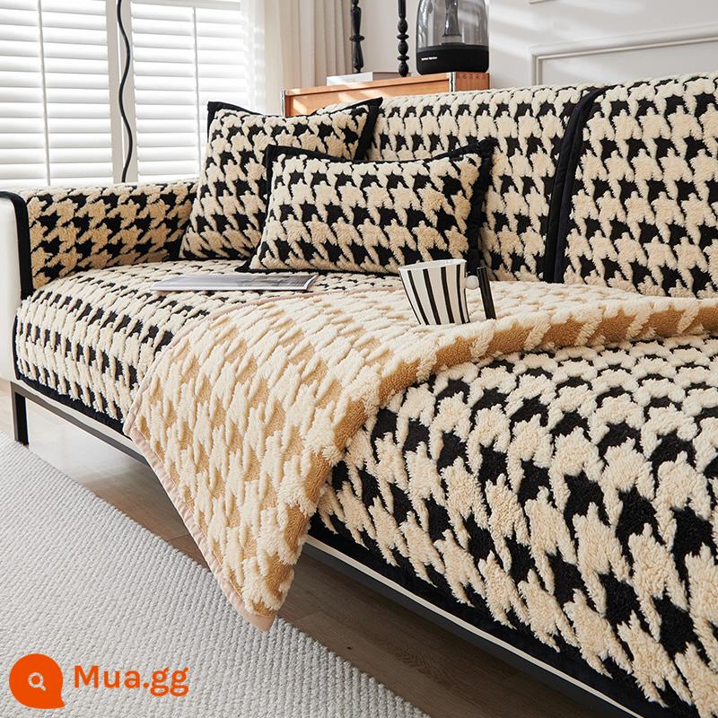 2023 Mới Houndstooth Sofa Đệm Mùa Đông Dày Sang Trọng Đệm Cao Cấp Chống Trơn Trượt Ghế Sofa Da Bao Vải - Qianshu-đen