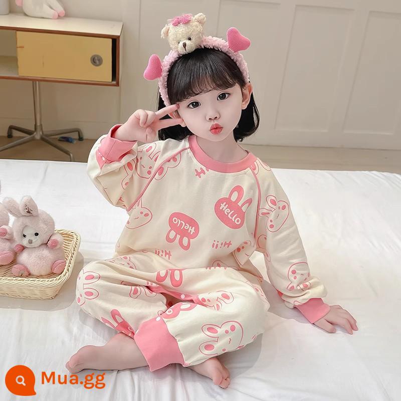 Bộ đồ ngủ một mảnh cho bé gái mùa xuân và mùa thu cotton nguyên chất Bộ đồ ngủ một mảnh cho bé gái mùa thu và mùa đông quần áo ở nhà mùa xuân cho trẻ em - Màu be in khắp con thỏ