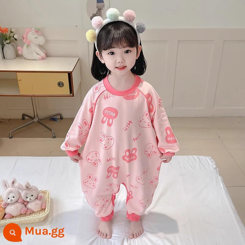 Bộ đồ ngủ một mảnh cho bé gái mùa xuân và mùa thu cotton nguyên chất Bộ đồ ngủ một mảnh cho bé gái mùa thu và mùa đông quần áo ở nhà mùa xuân cho trẻ em - in hình thỏ hồng