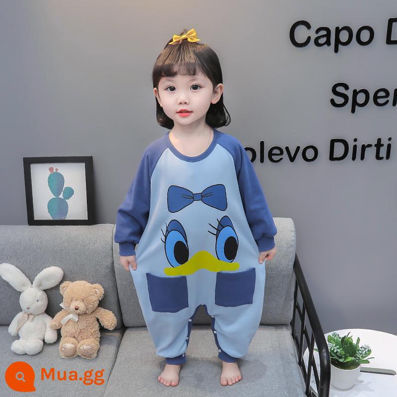 Bộ đồ ngủ một mảnh cho bé gái mùa xuân và mùa thu cotton nguyên chất Bộ đồ ngủ một mảnh cho bé gái mùa thu và mùa đông quần áo ở nhà mùa xuân cho trẻ em - màu xanh da trời