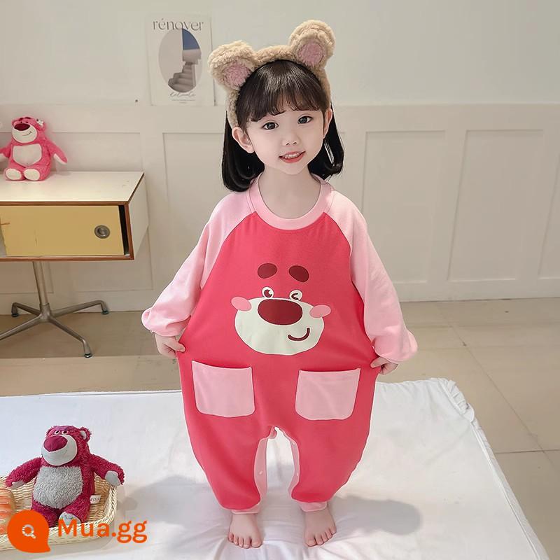 Bộ đồ ngủ một mảnh cho bé gái mùa xuân và mùa thu cotton nguyên chất Bộ đồ ngủ một mảnh cho bé gái mùa thu và mùa đông quần áo ở nhà mùa xuân cho trẻ em - Gấu Dâu Hồng