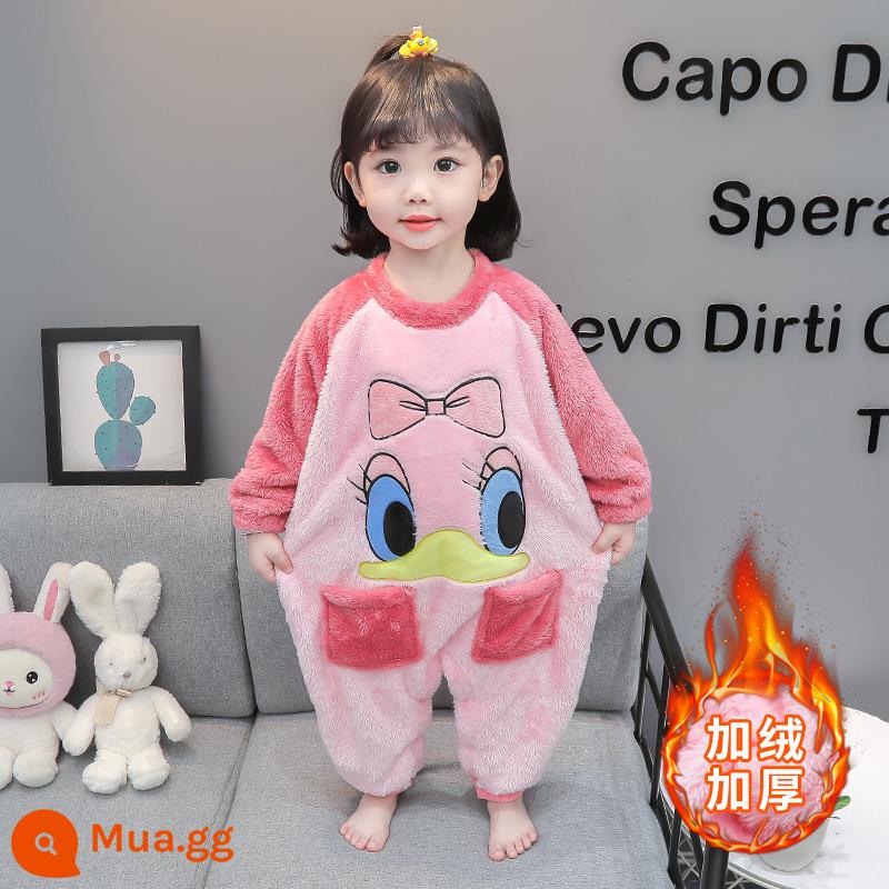 Bộ đồ ngủ một mảnh cho bé gái mùa xuân và mùa thu cotton nguyên chất Bộ đồ ngủ một mảnh cho bé gái mùa thu và mùa đông quần áo ở nhà mùa xuân cho trẻ em - sang trọng màu hồng