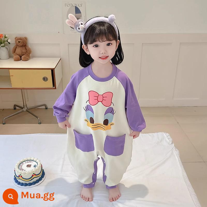 Bộ đồ ngủ một mảnh cho bé gái mùa xuân và mùa thu cotton nguyên chất Bộ đồ ngủ một mảnh cho bé gái mùa thu và mùa đông quần áo ở nhà mùa xuân cho trẻ em - vịt tím