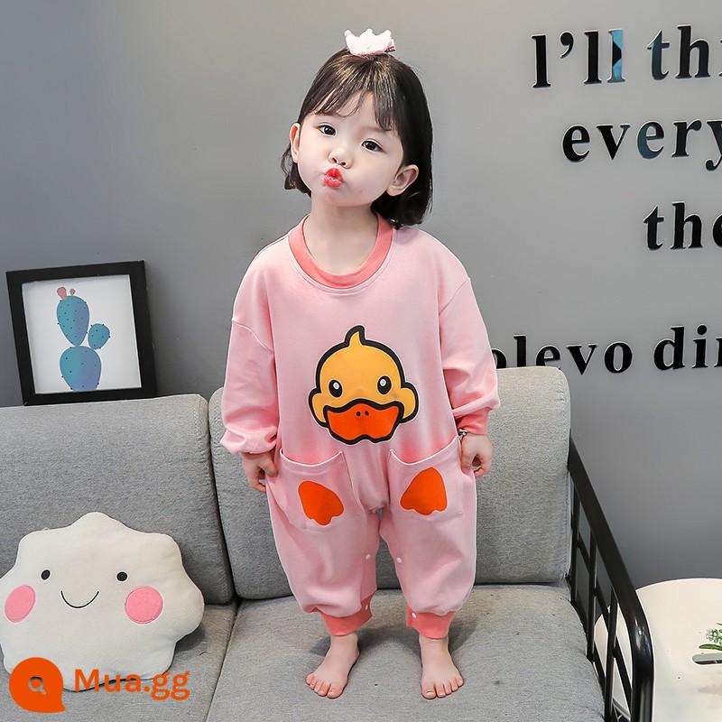 Bộ đồ ngủ một mảnh cho bé gái mùa xuân và mùa thu cotton nguyên chất Bộ đồ ngủ một mảnh cho bé gái mùa thu và mùa đông quần áo ở nhà mùa xuân cho trẻ em - Tay áo dài màu hồng