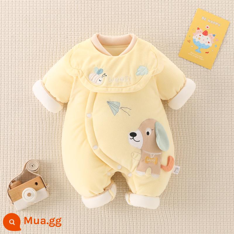 Áo liền quần sơ sinh dày ấm phù hợp với mùa thu đông nam nữ cotton cho bé quần áo liền quần cho bé chần bông ra quần áo - con chó dễ thương màu vàng