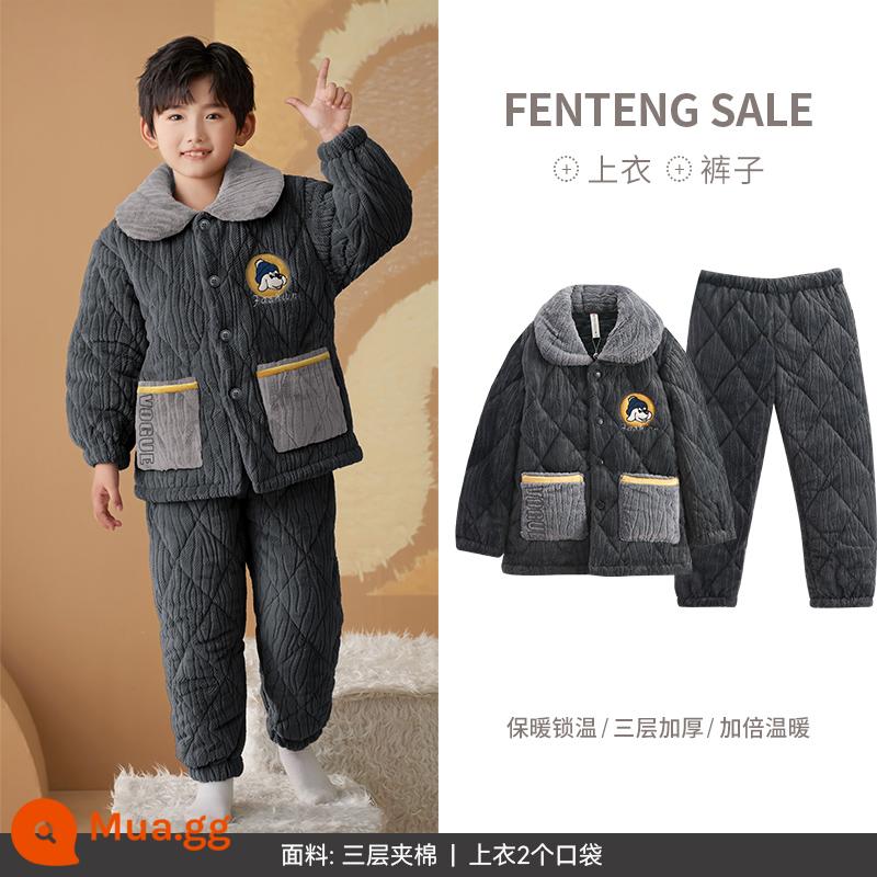 Fenteng Boy Pyjamas Coral Velvet Cotton được đệm trong mùa đông làm nóng trẻ em ở trẻ em, Big Boy Boys In Winter Flang - Màu xám đậm