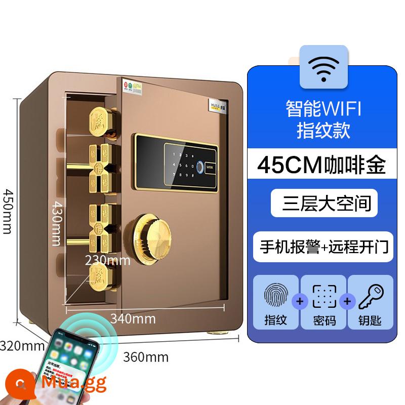 Huba an toàn hộ gia đình nhỏ mini 20/25/30/45 cm mật khẩu vân tay văn phòng wifi từ xa an toàn vô hình báo động chống trộm bằng thép 2023 két sắt mới cho trẻ em - Mô hình vân tay wifi thông minh cà phê vàng 45cm (ba lớp + báo động điện thoại di động + mở cửa từ xa)