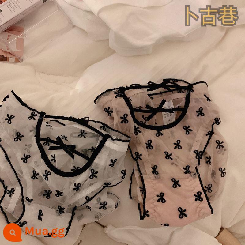 Pure Desire đen nơ in hình quần lót lưới nữ tính phối ren thời trang quần sịp cotton rỗng ngọt ngào thời trang - hồng + trắng