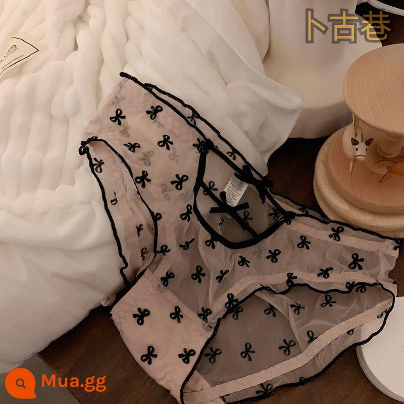 Pure Desire đen nơ in hình quần lót lưới nữ tính phối ren thời trang quần sịp cotton rỗng ngọt ngào thời trang - Hồng