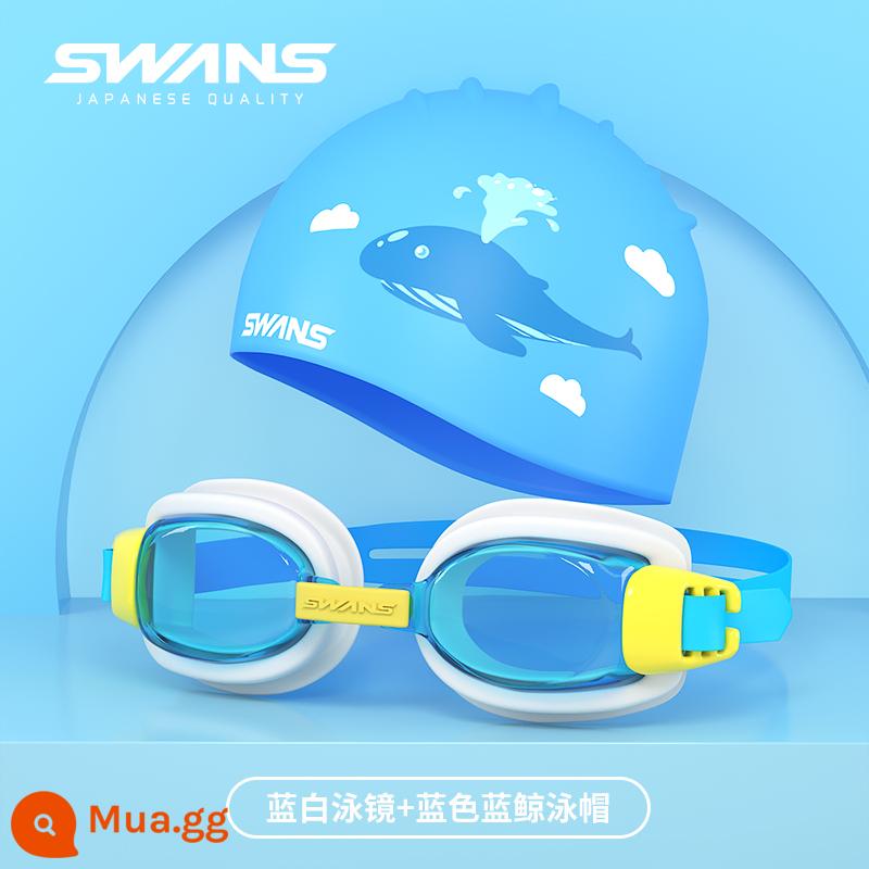 Kính bơi trẻ em nhập khẩu SWANS Nhật Bản chống nước và chống sương mù kính bơi độ nét cao cho bé trai và bé gái SEG1 - SW29 Cá Voi Xanh Trắng + Cá Voi Xanh