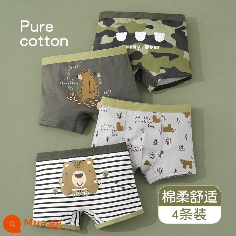 Quần lót bé trai cotton nguyên chất quần đùi trẻ em cotton 100% bé gái năm mới lớn màu đỏ bé trai quần boxer an toàn - Gói gấu xanh quân đội-4