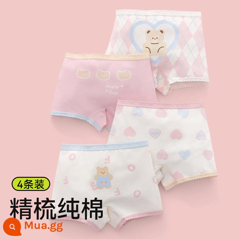 Quần lót bé gái, quần đùi cotton trẻ em, quần lót boxer 100% cotton cho bé, bé gái vừa và lớn, quần short không pp - Gói Gentle Bear-4 (Góc phẳng) [Bông nguyên chất loại A]