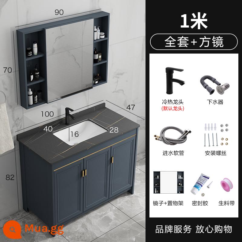 Tấm đá sàn -to -ceiling tay -cup Nội các kết hợp của không gian bằng nhôm trong phòng tắm rửa Basin Bàn tích hợp Bàn làm việc Phòng thẩm mỹ Bàn vệ sinh - Đá phiến đen 1 mét + vòi thoát nước tủ gương màu xanh Vòi tròn màu đen bao gồm tất cả tủ màu xanh