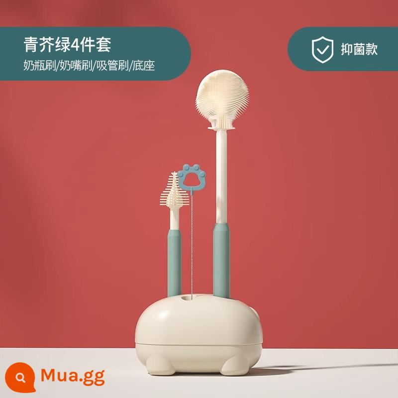 Bàn chải cọ rửa bình sữa cho bé hiện vật núm vú giả silicone đặc biệt ống hút bàn chải cọ rửa bộ cọ rửa bình sữa súc rửa - [Nano Bạc Kháng Khuẩn] Bộ 4 món - Màu Xanh Mù Tạt + Đầu Bàn Chải Có Thể Thay Thế Miễn Phí