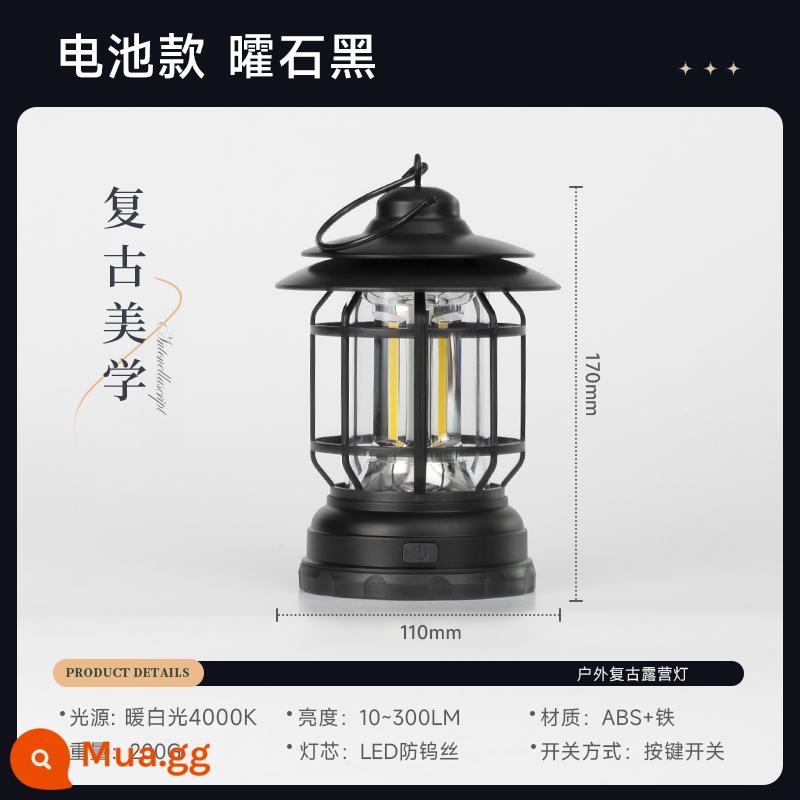 Đèn cắm trại retro, Lều đèn dầu lửa cắm trại không khí sạc ngoài trời, đèn camera hoang dã treo thời lượng pin siêu dài - Model pin: Đá phấn đen
